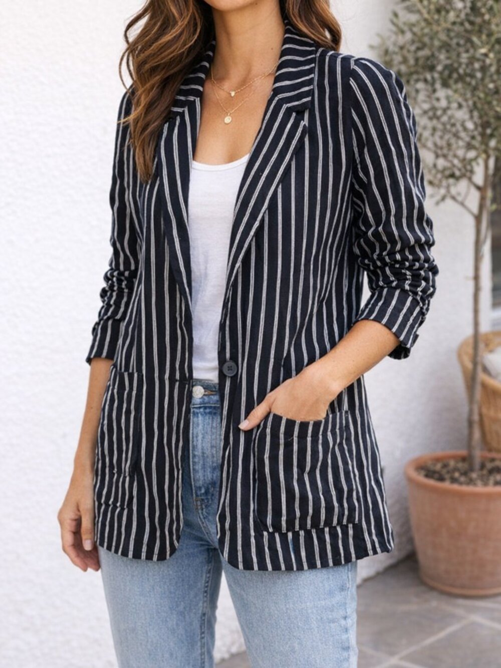 A New Day Black & White Pinstripe Women's Linen Blazer Jacket